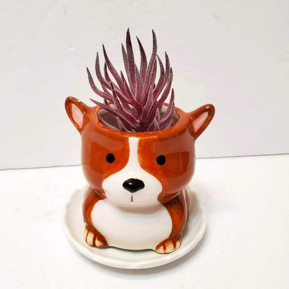 Mini Dog Planter with Faux Succulent, Animal Planter, Corgi Sheepdog Plant Pot